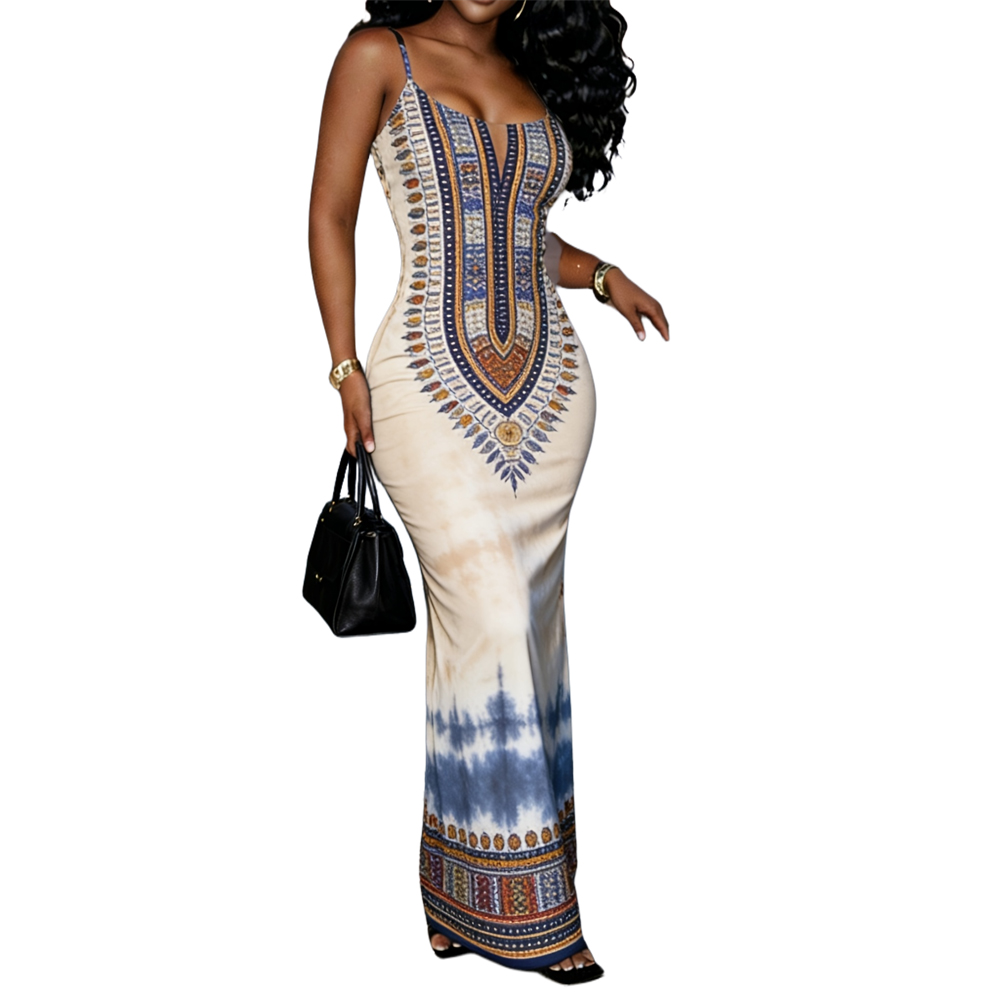 Robe longue décontractée d'été pour femme, élégante, à fines bretelles, en polyester, style africain Ankara, cintrée à la taille