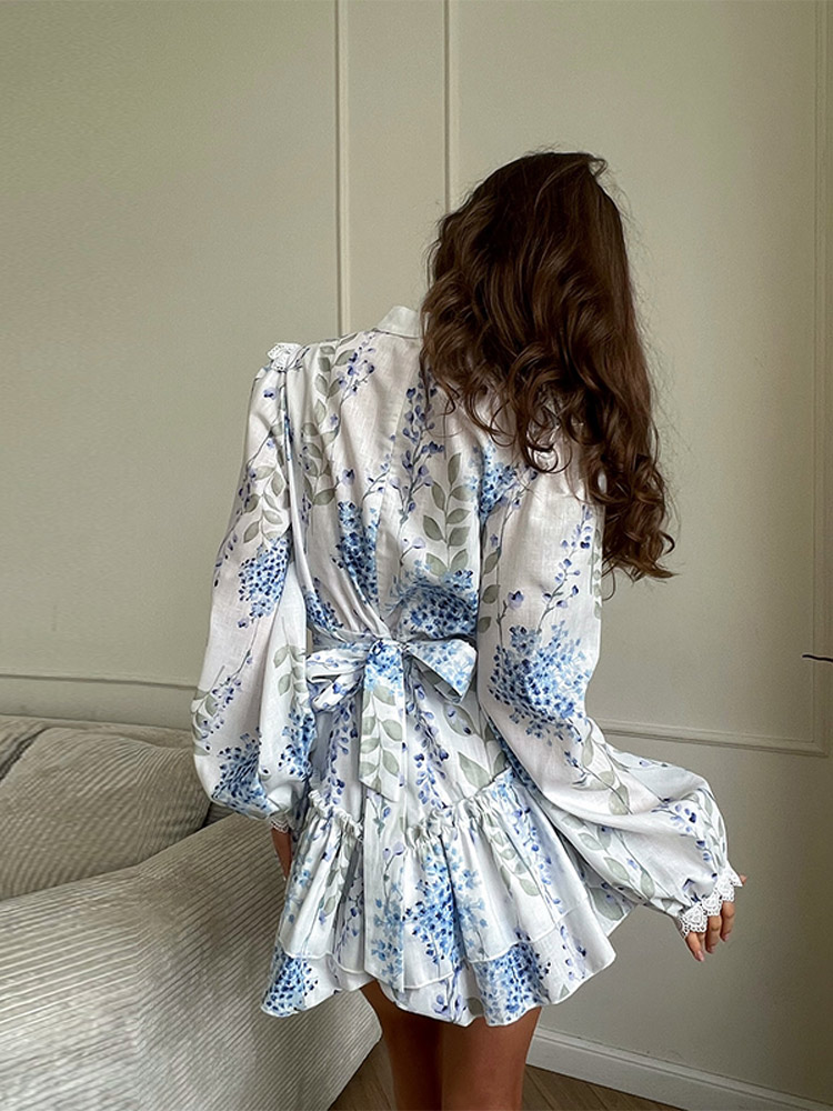 Mini robe imprimée décontractée pour femmes, ample, col rond, manches longues, ceinture, dentelle, mode d'été 2021, Chic, à volants