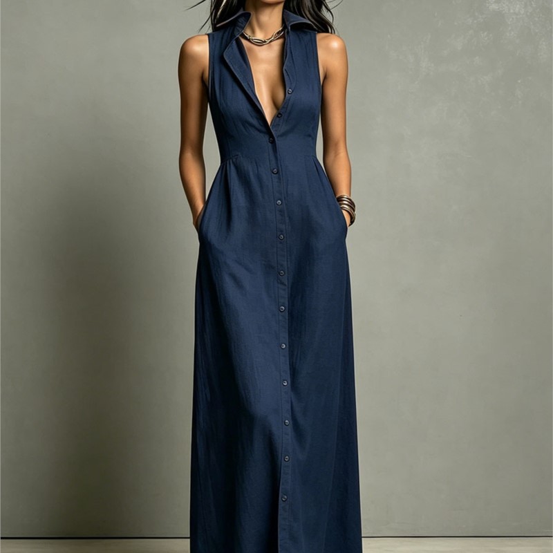 Nouvelle Robe Chemise Longue Femme Col V Sans Manches Boutonnée Coupe Slim Décontractée pour l'Été et les Fêtes