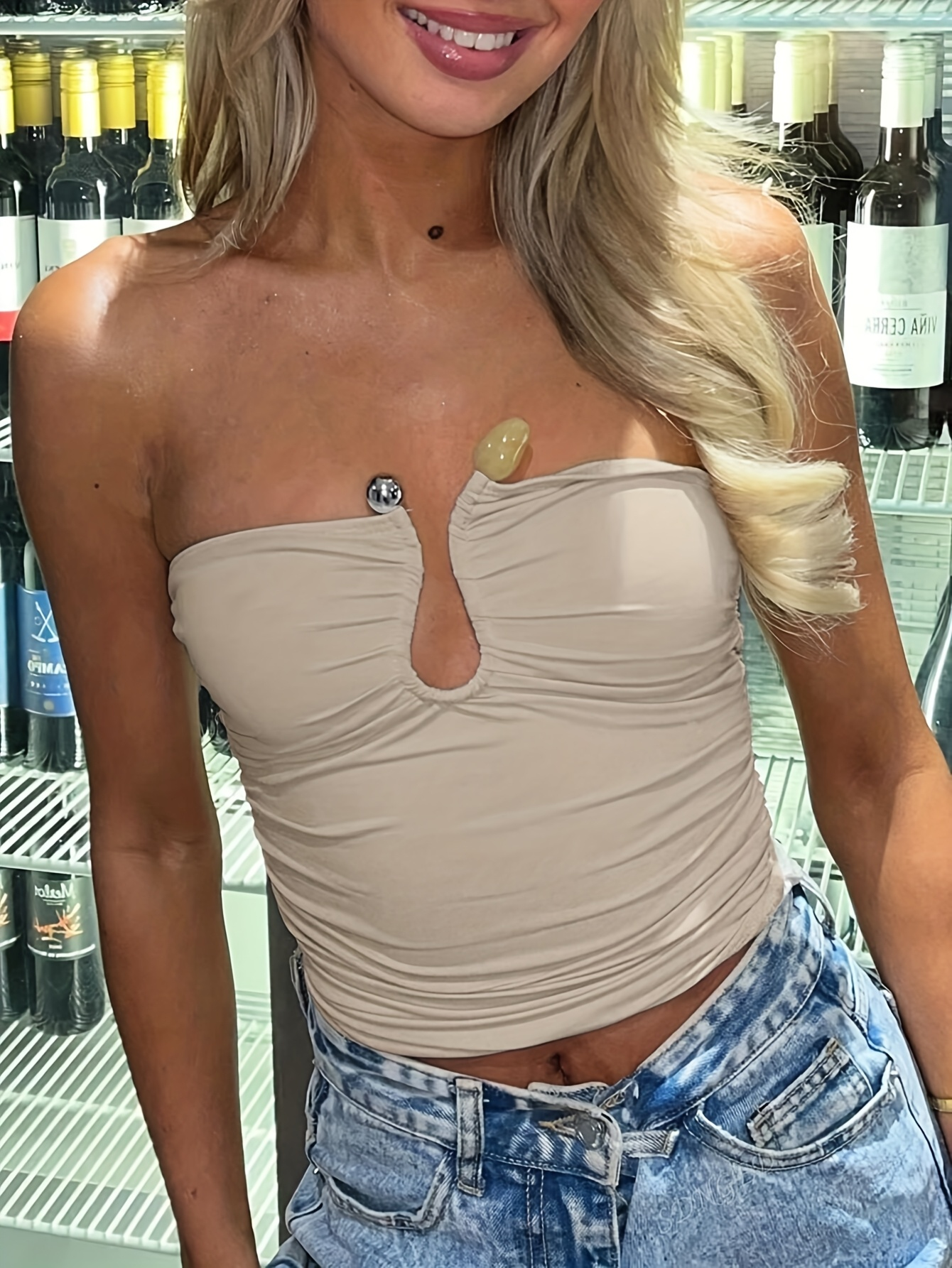 Haut d'été pour femme de couleur unie avec ceinture ajustée, poches et fermeture éclair en U, doté d'un design découpé en forme de goutte d'eau pour un look élégant