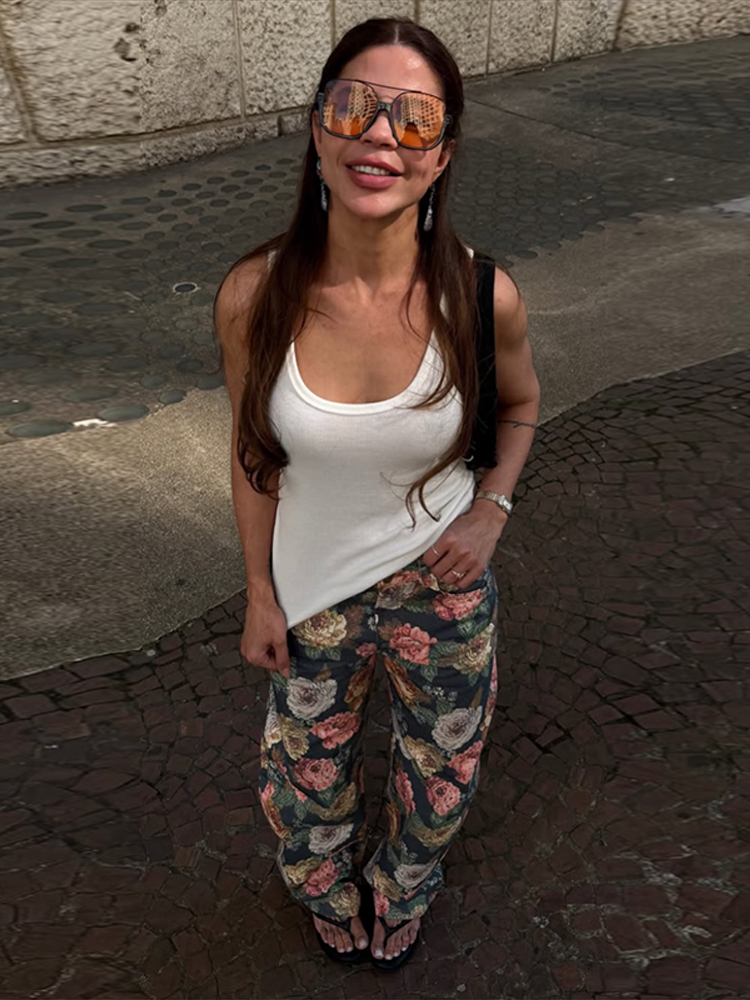 Jean pour femme 2026, imprimé floral vintage, taille haute, coupe ample, jambe large droite, en denim, style rétro effet peinture à l'huile, pantalon décontracté streetwear
