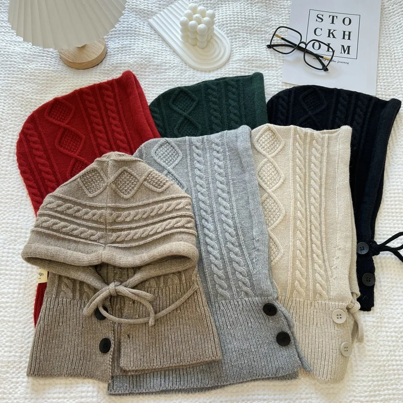 Chapeaux chauds d'hiver pour femmes, écharpe à capuche en mélange tricoté de couleur unie pour femmes, cagoule, casquette de crâne, bonnet, guêtres de cou, 1 pièce
