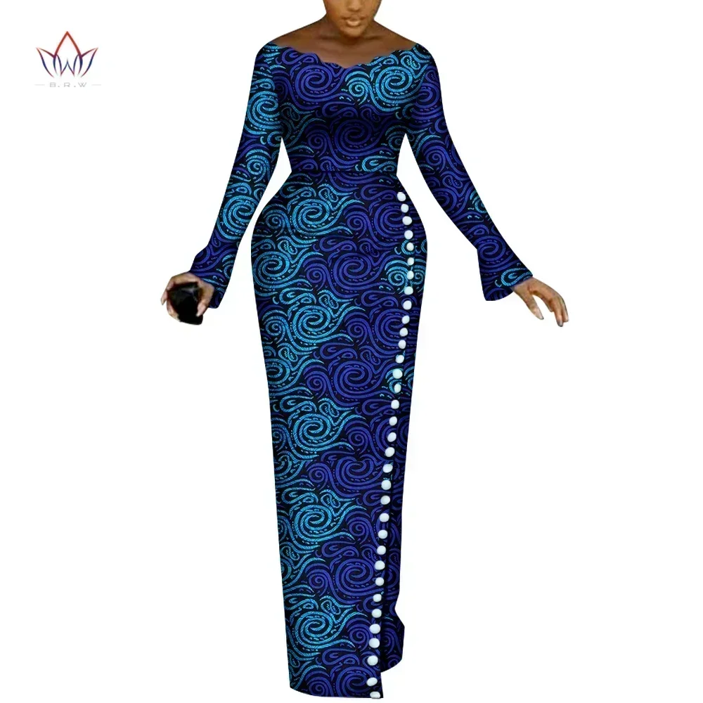 BRW-Robes africaines à manches longues pour femmes, robes de soirée, imprimé africain, boutons de sirène, vêtements pour femmes, WY8240