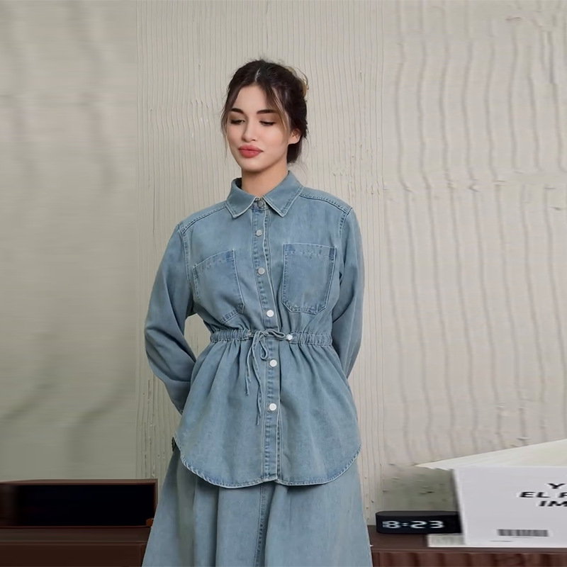 Denim 2 pièces ensembles femmes chemise musulmane manteau jupes tenues simple boutonnage col rabattu poches jupes longues surchemise costume