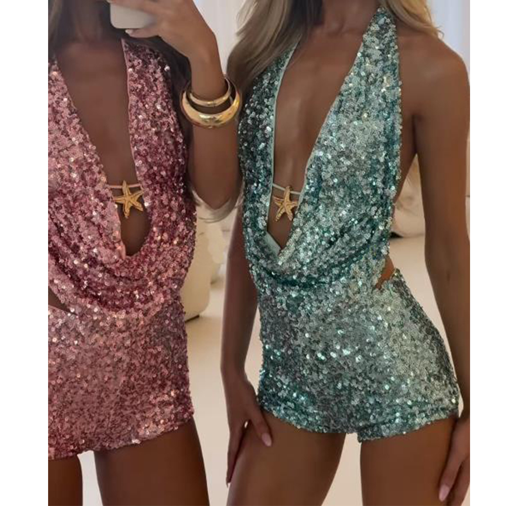 Débardeur Sexy à paillettes pour femmes, col en v, col licou, Mini short, costumes Sexy pour dames, dos nu, Coquette brillante, tenues de fête en Club
