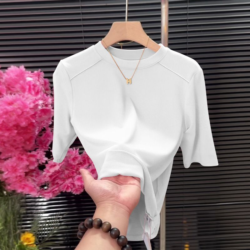 Haut à manches mi-longues pour femmes de style coréen, chemise basique tendance et polyvalente, coupe ajustée, col semi-haut, t-shirt à manches courtes, vêtements