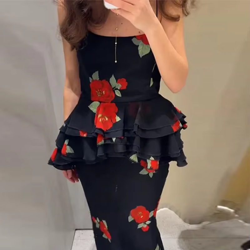 Élégant haut à volants jupe ensemble femmes Chic imprimé sans manches dos nu fronde haut hanche paquet jupe longue ensembles 2025 été dame robe