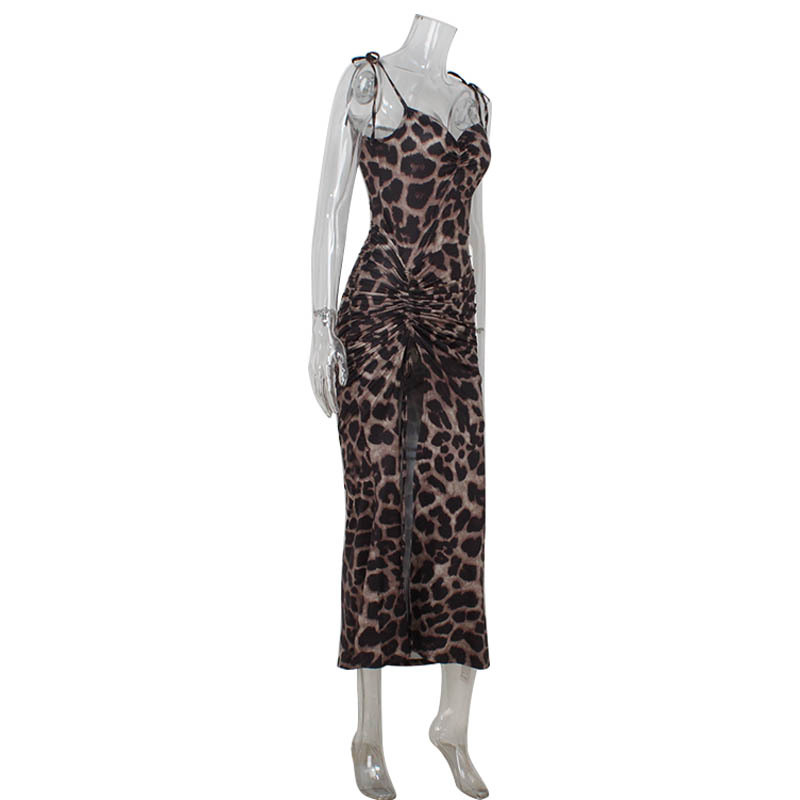 Robes imprimées léopard pour femmes, vêtements de fête Sexy, Spaghetti, fente latérale haute, col en v, coupe cintrée, sans manches, longues