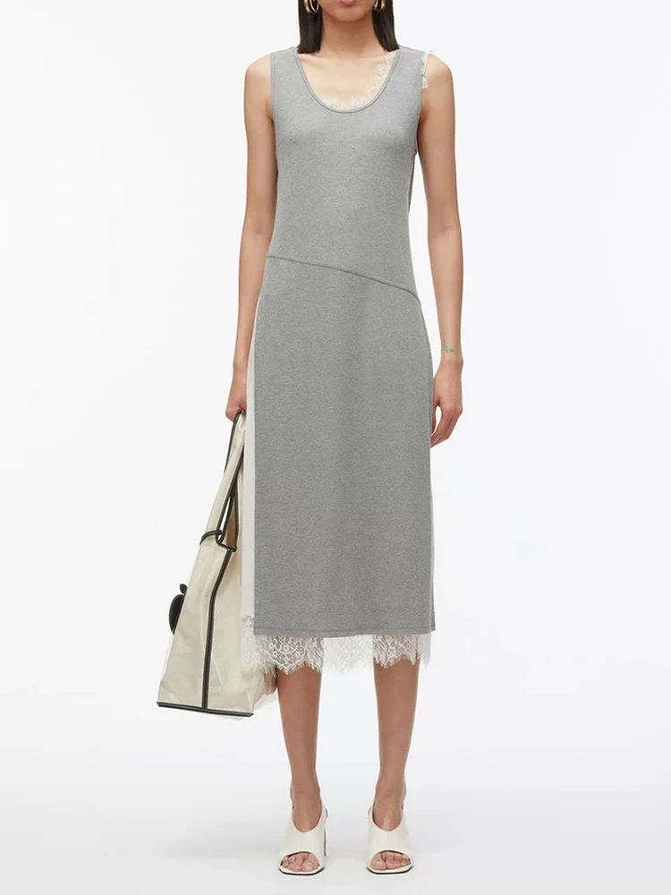 Robe tricotée à col rond pour femmes, sans manches, dentelle patchwork, élégante, mi-longue pour dames