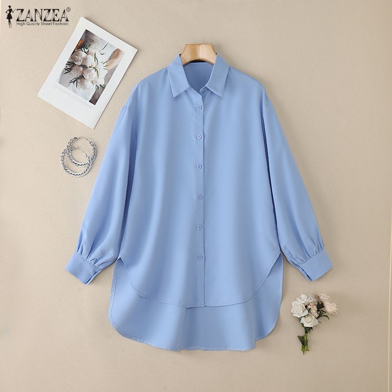 Mode femmes chemise 2026 ZANZEA chemisier musulman automne printemps revers cou à manches longues hauts solide haut bas travail chemise Mujer surdimensionné