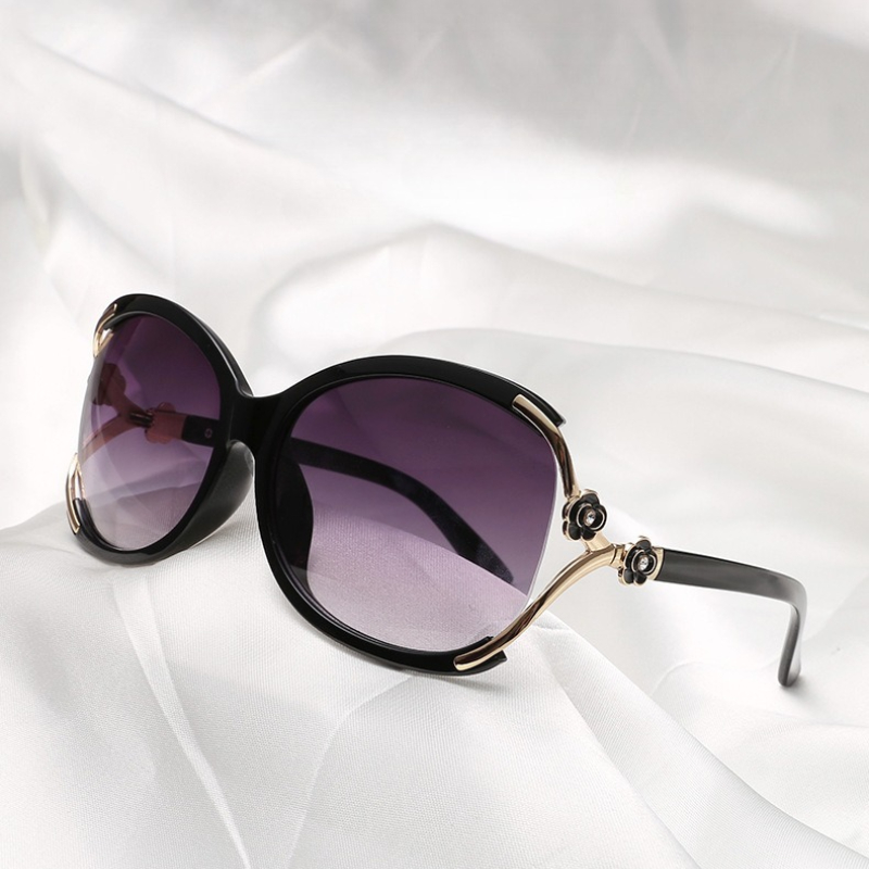 Lunettes de soleil rondes à grande monture pour femmes, tendance, style célébrité, élégantes, avec camélia, décorations d'accent ajourées