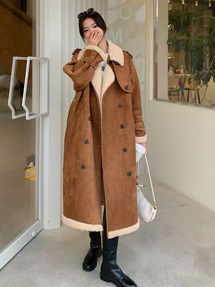 Manteau en daim épais et décontracté Maillard mi-longueur, longueur genou, avec fourrure, pour femme, nouvelle collection hiver 2026, couleur kaki