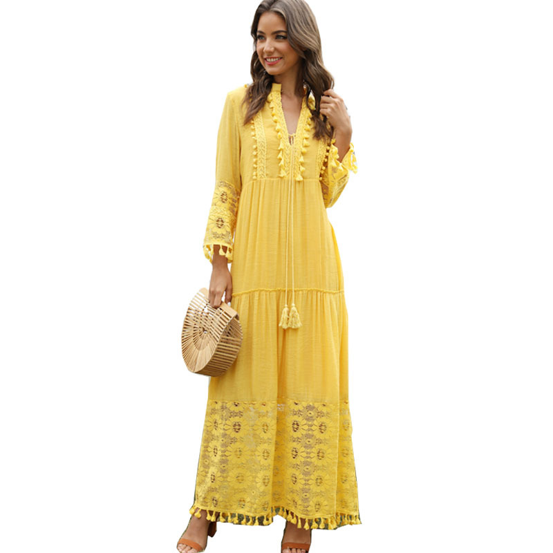 Robe longue bohème à pampilles pour femmes, col en V, grande taille, dentelle, monochromatique, robe élégante, mode décontractée, vacances Boho