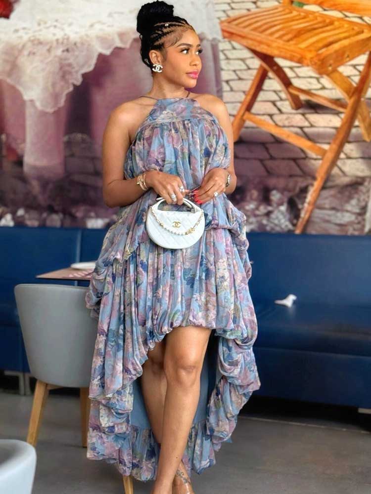 Robe de plage pour femme, élégante et douce, longue, à fleurs, d'été, chic, à épaules dénudées, plissée, col halter, longue robe de vacances