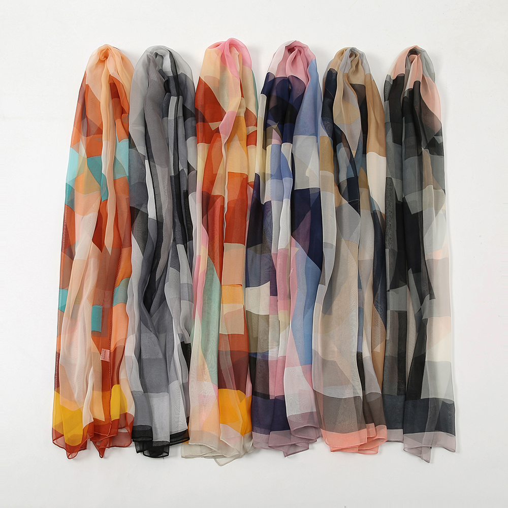 Foulard en soie à carreaux pour femmes musulmanes, imprimé, Hijab, en mousseline de soie, élégant, châle