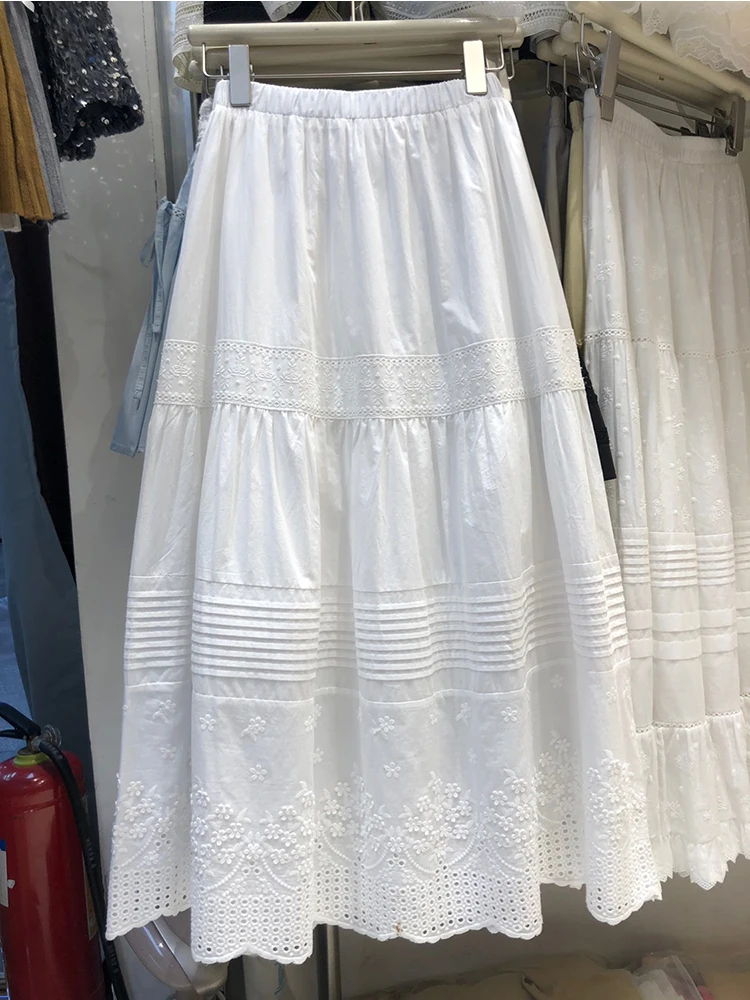 Jupe mi-longue en dentelle élégante, taille haute, ample, mode coréenne décontractée, couleur unie, Design pour filles chaudes, jupe blanche Chic