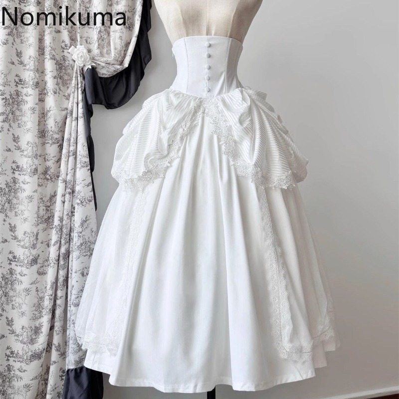 Jupes japonaises pour femmes 2025 Faldas Mujer De Moda taille haute a-ligne Jupe Lolita Style Patchwork dentelle Vintage Jupe longue 49C903