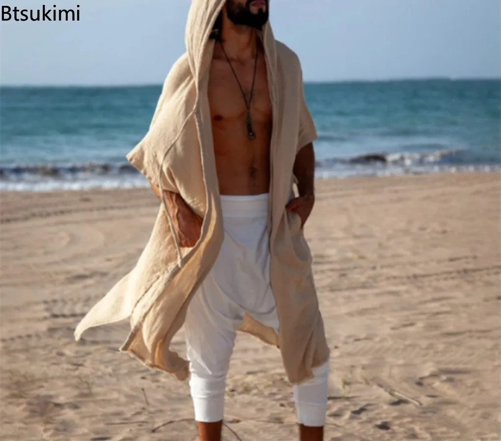 Cardigan mi-long décontracté pour homme 2026 – Protection solaire, style vacances à la plage, châle long à capuche pour homme