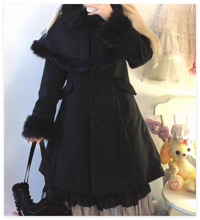 Lolita-Manteau en tweed japonais original pour femme, pardessus noir, col en fourrure élégant doux, nouvelle collection, automne et hiver