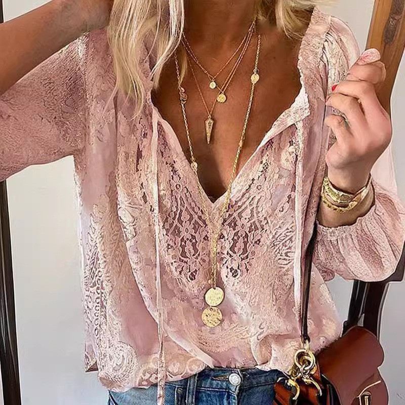 Chemisiers en dentelle évidés pour femmes, chemise pull à col en V profond, chemisier décontracté élégant, mode Boho, printemps, été