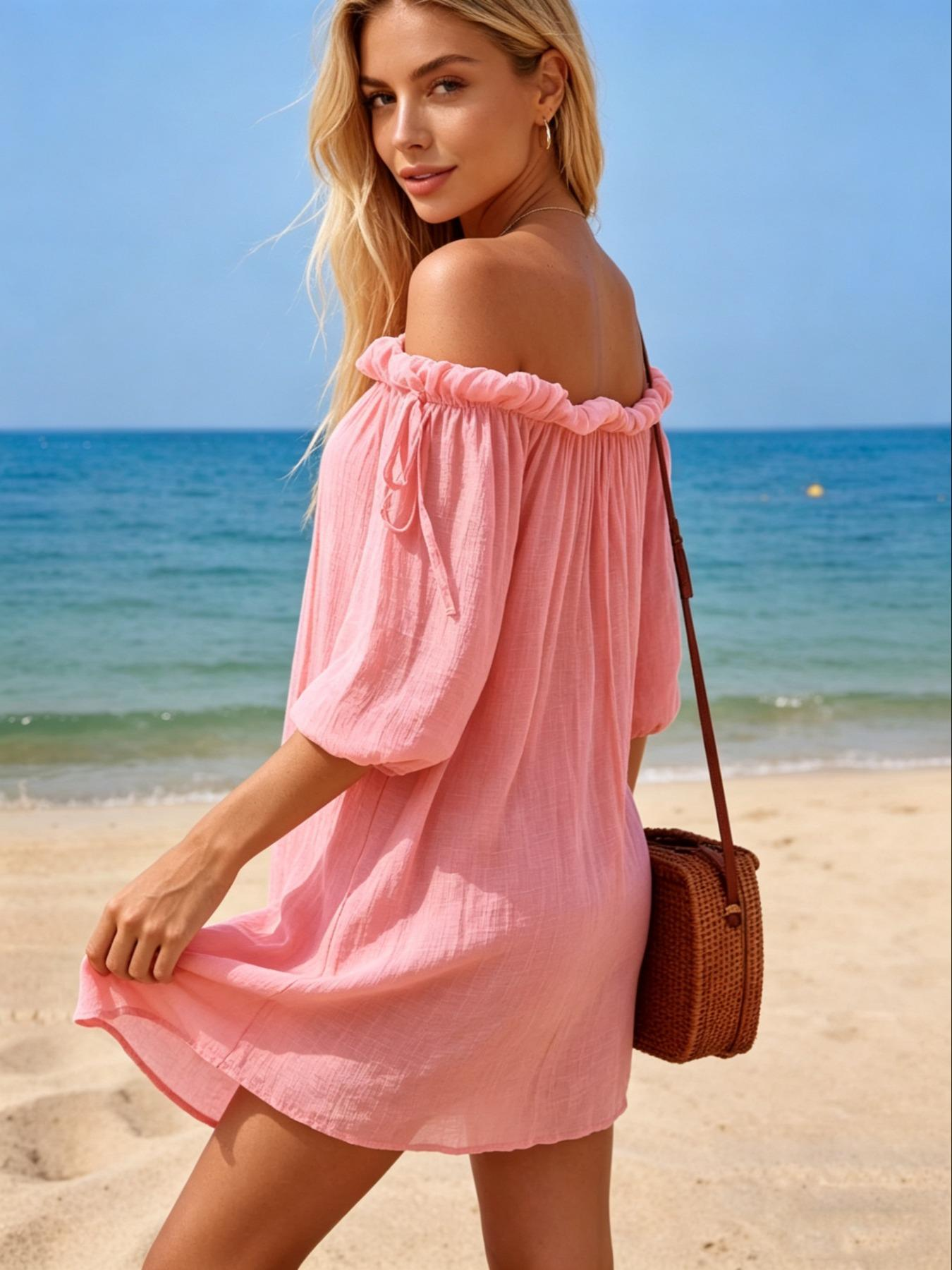 Robe courte asymétrique style vacances, Cache-maillot de bain léger et transparent, Vêtement de plage décontracté uni pour femme