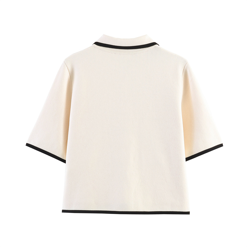 Manteau Femme 2026 Nouvelle Collection Été Blanc Manches Courtes Décor Contraste de Couleurs Style Socialite Tricoté Élégant et Tendance