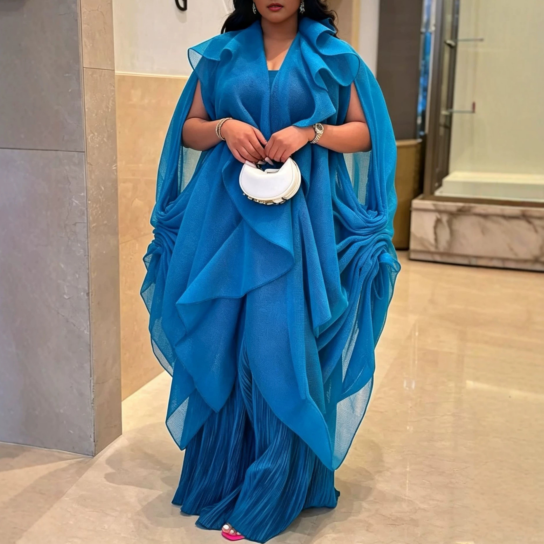 Ensemble deux pièces pour femmes africaines, kaftan ample sans manches à volants, cape et pantalon large plissé, pour fêtes, mariages et occasions spéciales