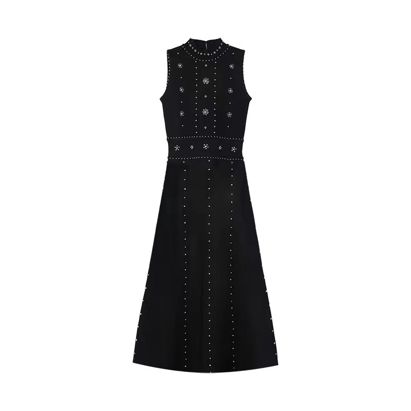 Robe longue élégante et ajustée sans manches noire perlée pour femme, style vintage sexy, idéale pour les soirées – Grande vente de robes de fête pour femme
