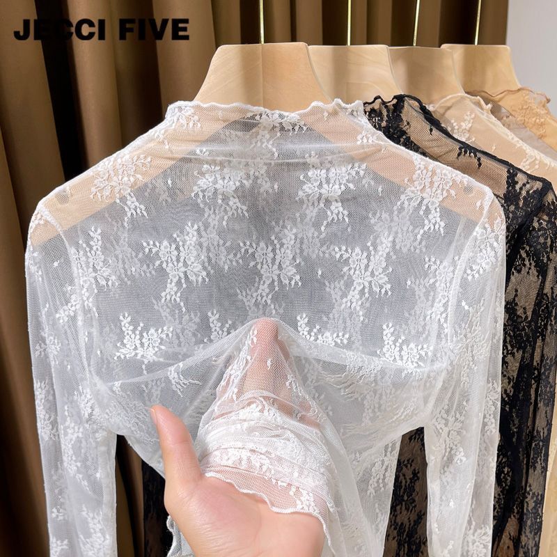 Chemisier en dentelle crochetée à manches longues pour femme, style tunique, col montant, effet transparent, vintage, sexy, à porter en dessous