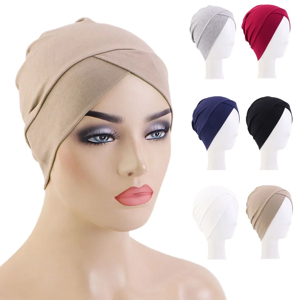 Bonnet intérieur uni en tissu modal extensible croisé pour femme musulmane, usage quotidien, turban islamique arabe, couvre-chef doux et confortable