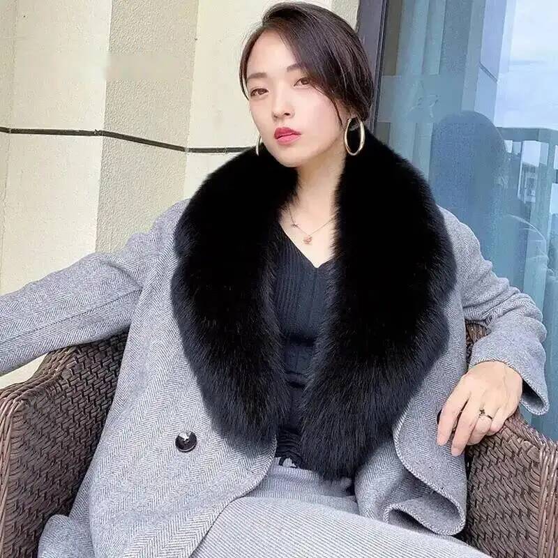 Nouvelle Collection Hiver – Manteau Femme avec Col en Fourrure de Renard 100% Naturelle, Châle Détachable et Écharpe Chaude de Luxe Grande Taille pour Dames