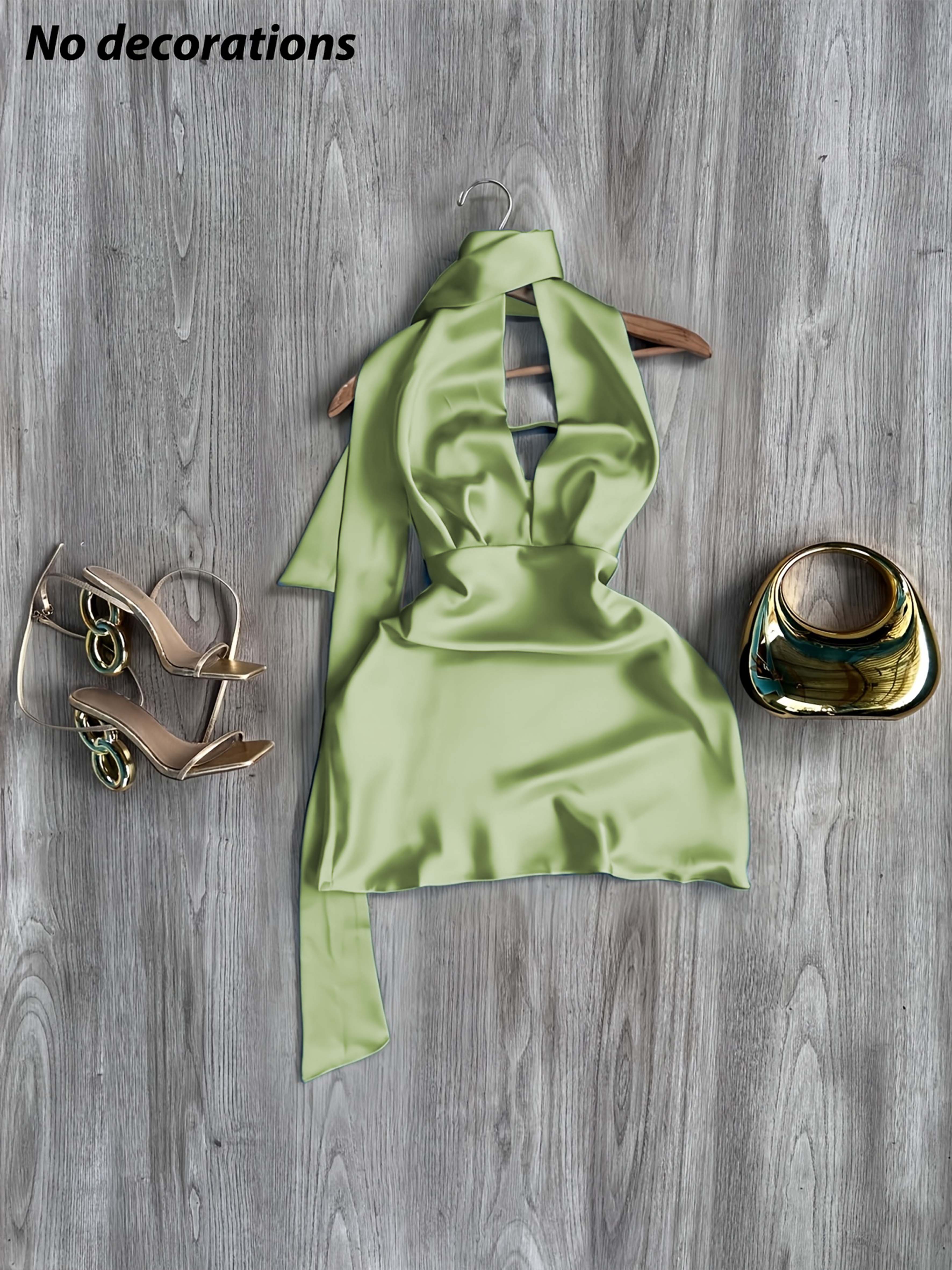 Robe en satin pour femme toutes saisons, dos nu, à nouer à la taille, design élégant en satin pailleté, idéale pour les vacances et le quotidien