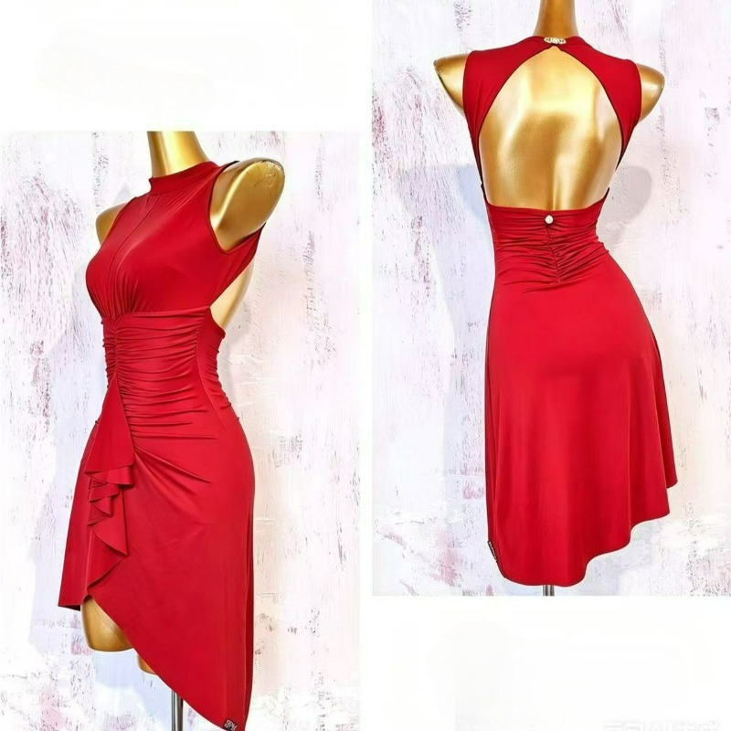 Robe de danse latine pour femme 2026, sans manches, dos nu, col halter, jupe plissée à la taille, pour Cha Cha Rumba, tenue d'entraînement professionnelle
