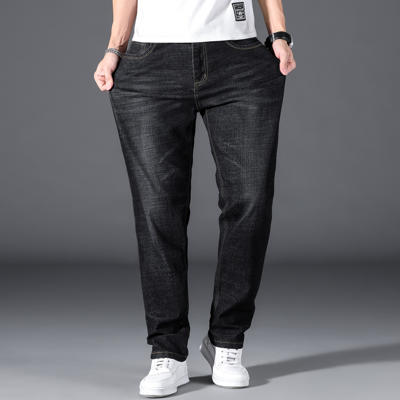Grande taille 42 44 46 48 50 classique hommes jean ample droit noir bleu jean Stretch affaires pantalon décontracté homme marque pantalon