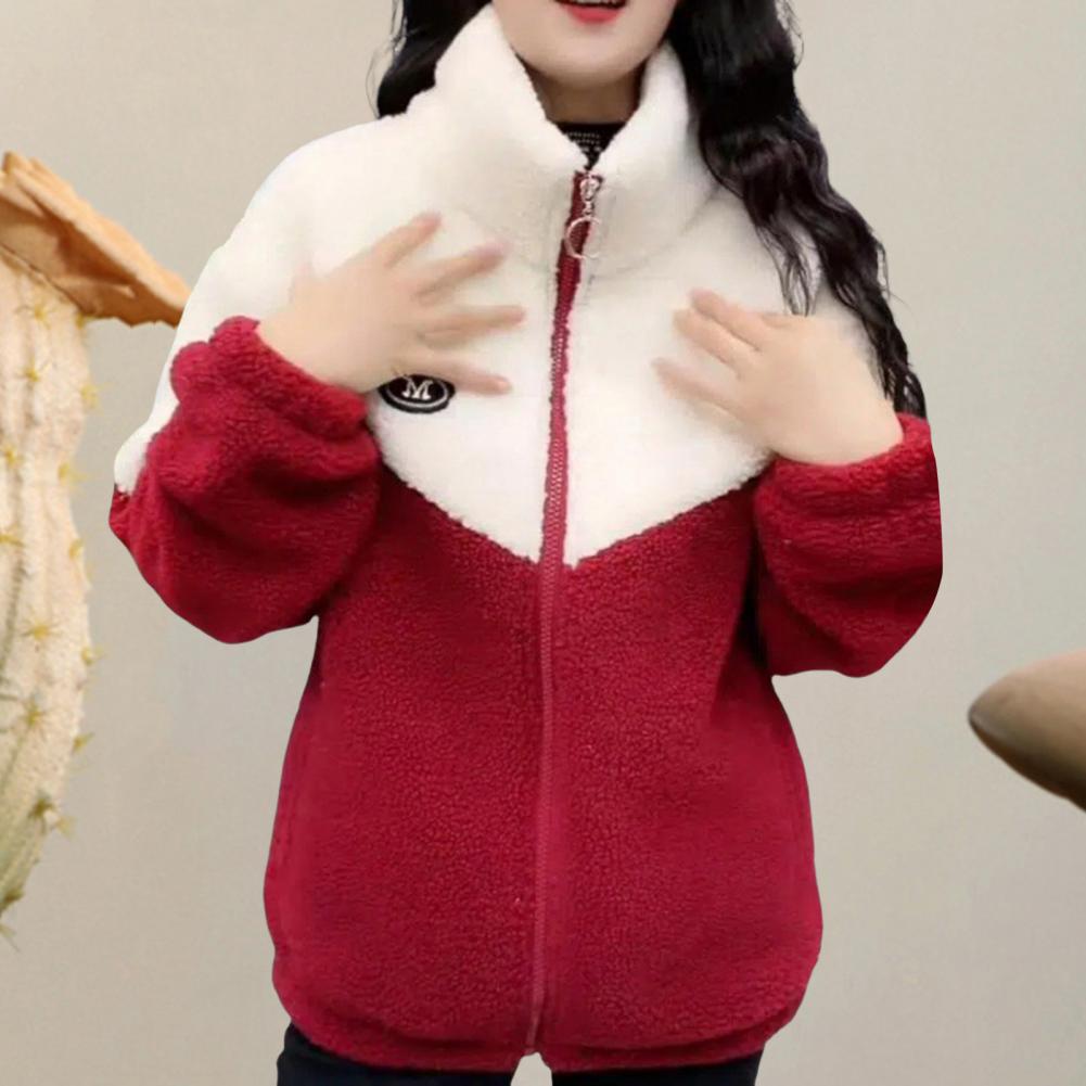 Veste en velours à fermeture éclair pour femme, manteau optique, col montant en peluche, cardigan à poches, manches longues, bloc tournant, hiver