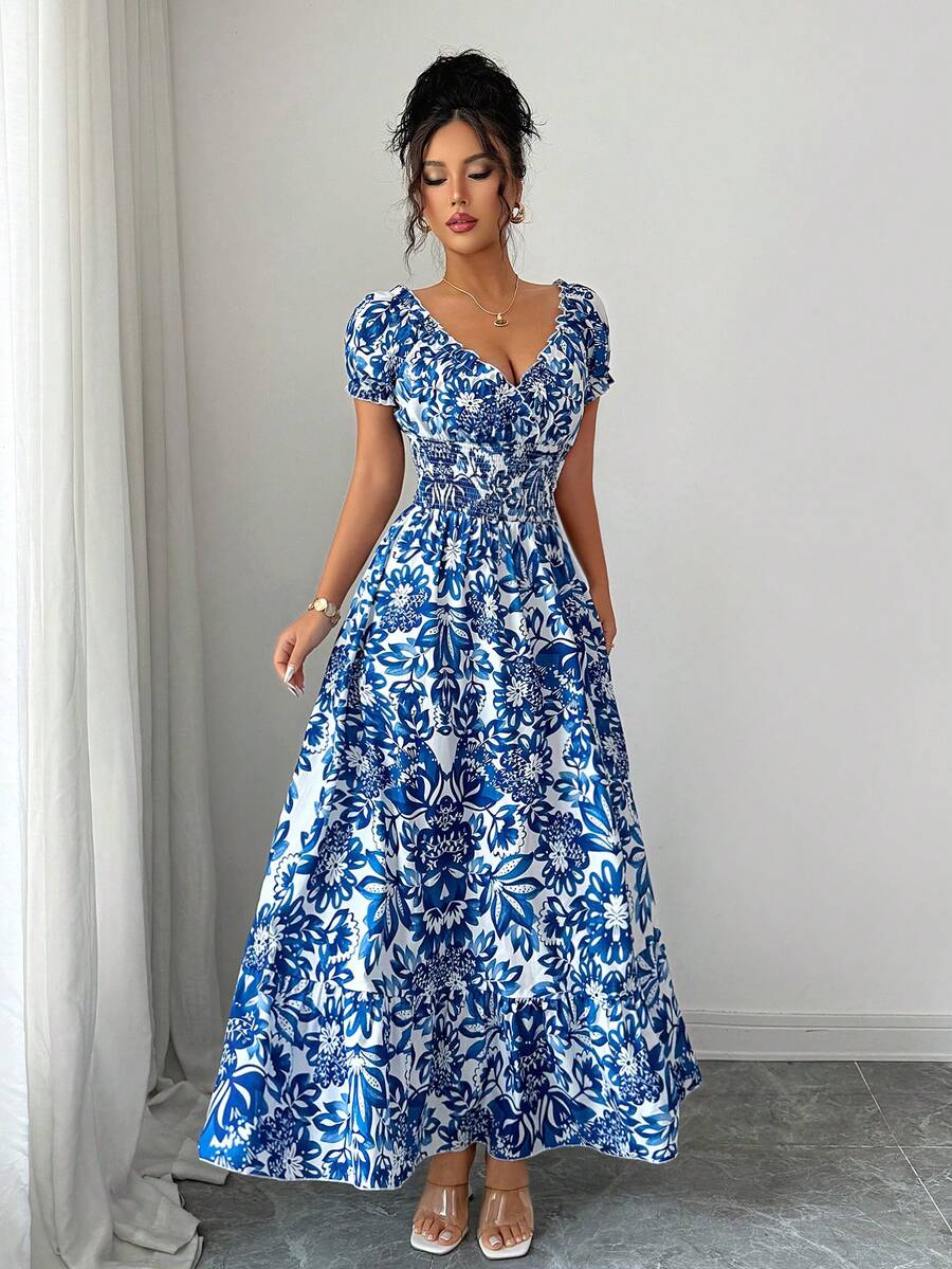 Robe longue élégante et charmante pour femme, nouvelle robe légère en tissu floral avec manches bouffantes, dos ouvert et taille froncée, idéale pour les rendez-vous et les vacances