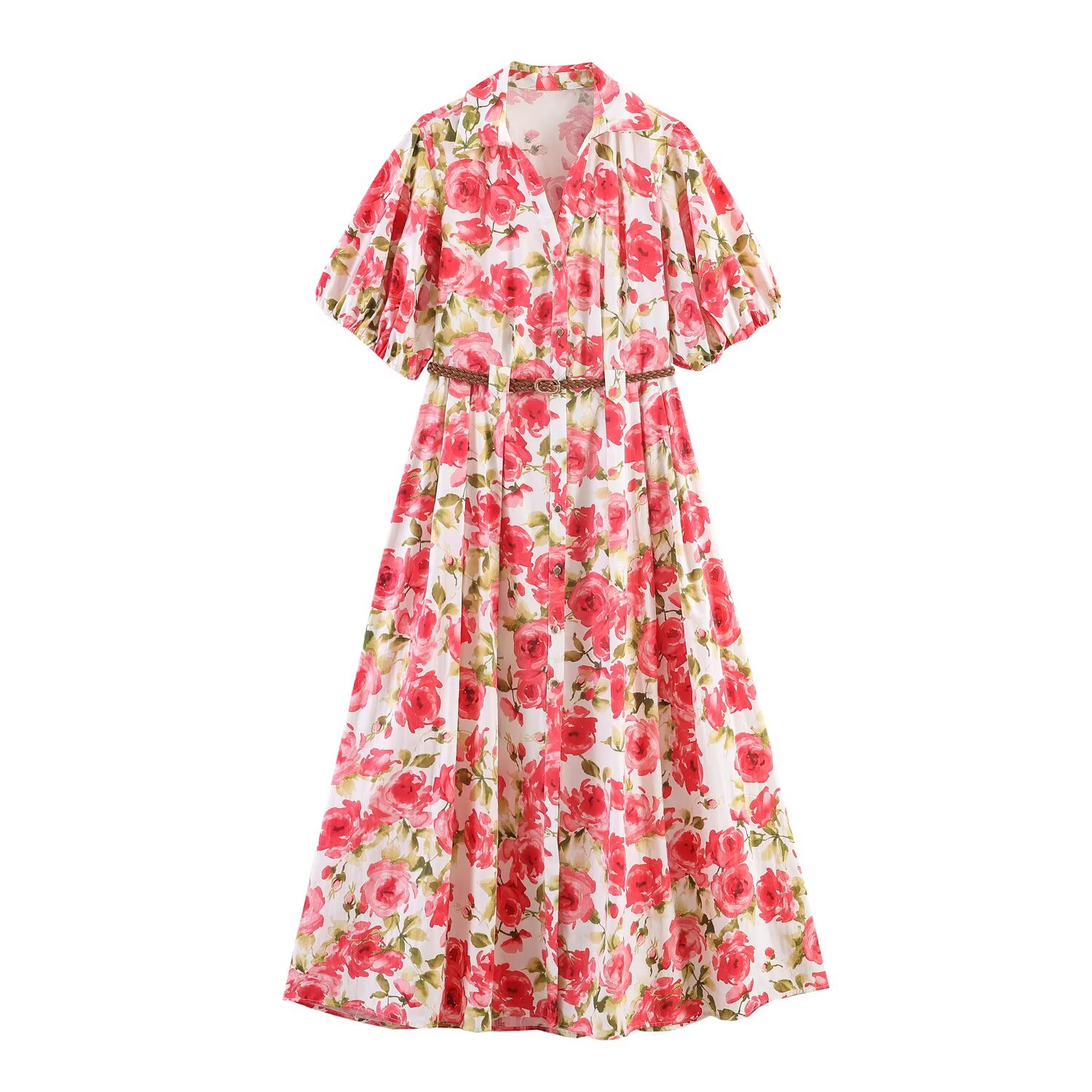 Robes pour femmes, mode féminine d'été, robe à imprimé floral, robe slim avec ceinture, robe chic pour femme, taille haute, col en V, manches courtes bouffantes