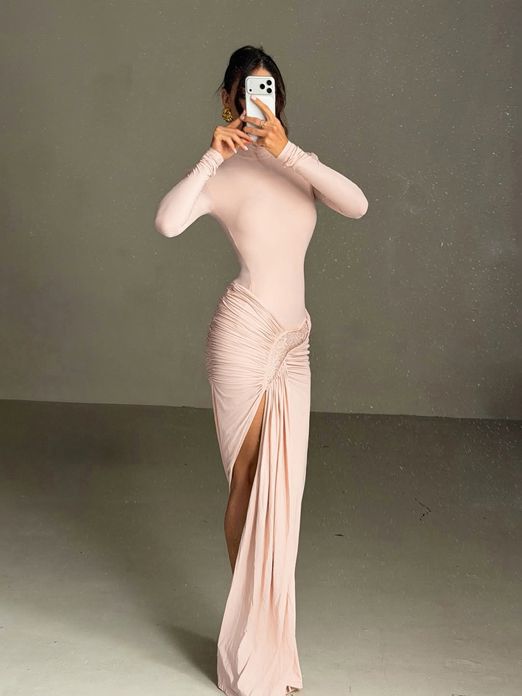 Robe longue élégante froncée Kliou pour femme, col roulé, manches longues, fentes sexy, taille haute, pour soirée de bal ou fête, style hipster, Vestidos