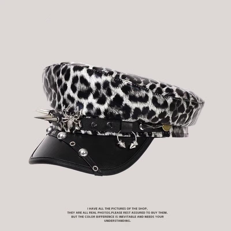Casquette de gavroche punk pour femme en cuir PU, motif léopard, style gothique, Y2K, avec rivets et chaînes, style militaire, streetwear Harajuku