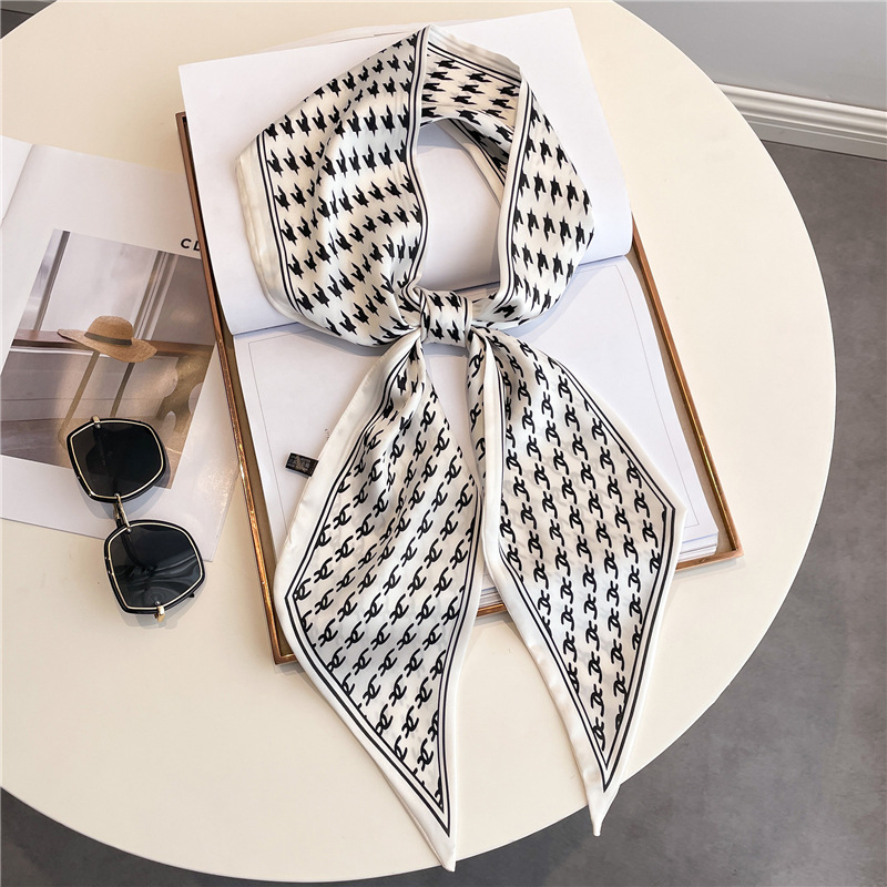 Écharpe longue et étroite de luxe pour femme, motif pied-de-poule, double couche, en fausse soie, pour le printemps et l'été, utilisable comme cravate ou attache pour cheveux