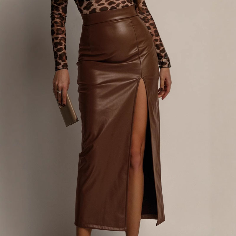 Jupes en cuir PU pour femmes, Sexy, fente haute, élégantes, Slim, taille haute, paquet de hanches, nouvelle mode, jupe crayon de bureau