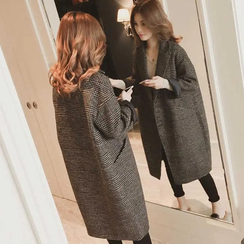Manteau à grille mille oiseaux pour femmes, veste en Y en laine mélangée, vêtements d'extérieur au-dessus du genou, mode coréenne, automne et hiver