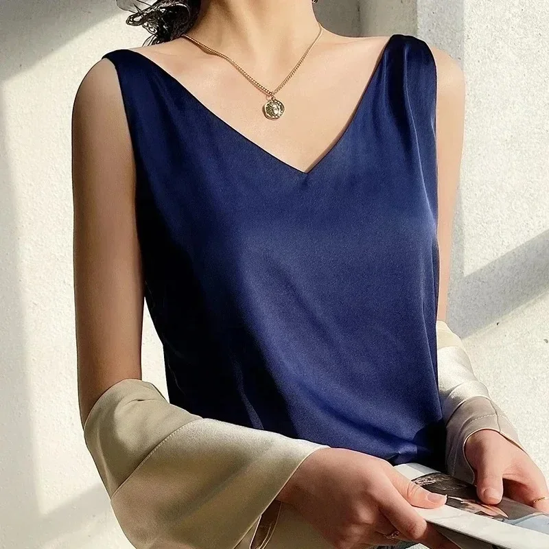 Débardeurs pour femmes sans manches col en V Satin soie Camisole mode été solide gilet ample dames hauts Streetwear