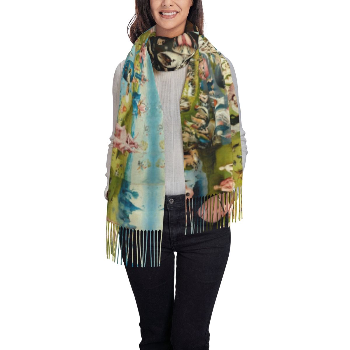 Écharpes longues personnalisées pour femmes, jardin des délices terrestres, hiver, automne optique, chaud, gland, châle, écharpe enveloppante