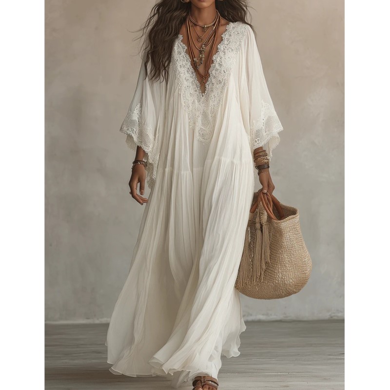 Robe longue élégante unie pour femme, décontractée, avec dentelle, col en V sexy, fluide, pour la plage, les vacances, les fêtes, Vestidos