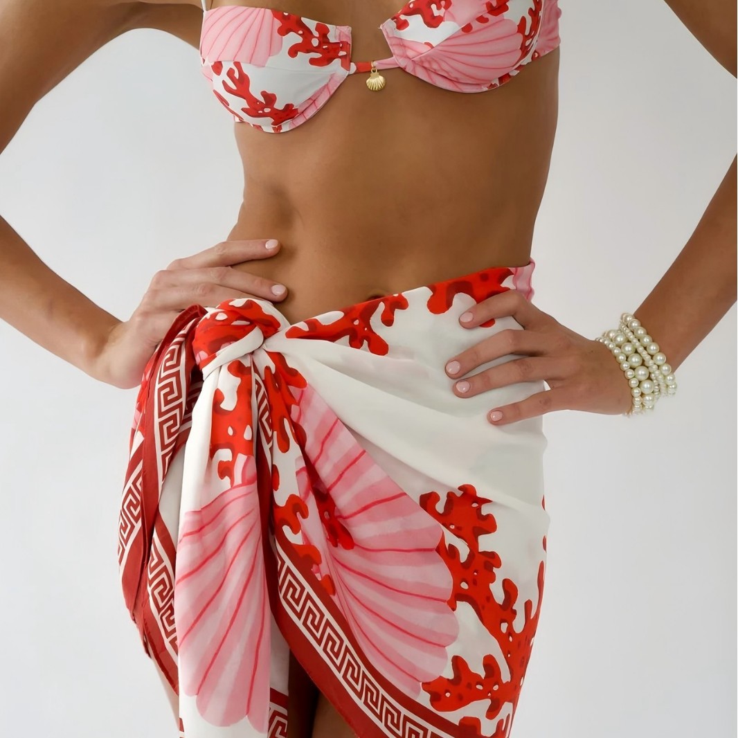 Ensemble bikini imprimé trois pièces, maillot de bain sexy pour les vacances à la plage, vêtements de plage pour femmes, jupe mi-longue en tissu polyester