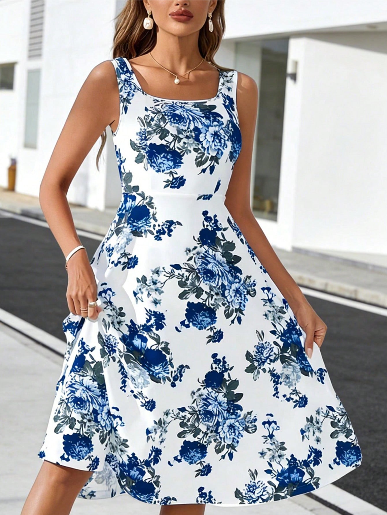 Robe élégante décontractée à imprimé floral, col carré, sans manches, bretelles épaisses, confortable, mi-longue, couleur unie
