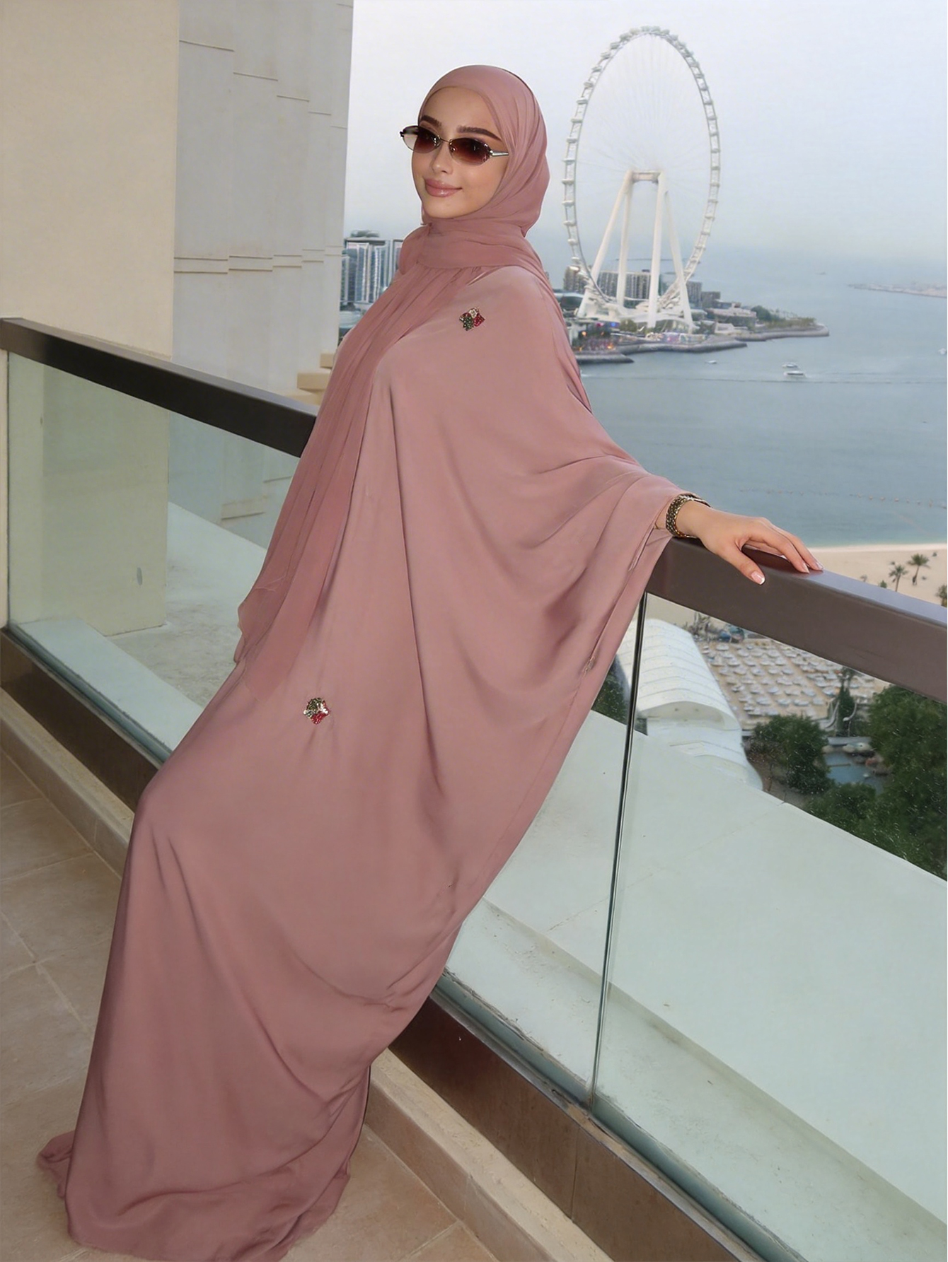 Vêtements islamiques élégants pour femmes, robe rose brodée, abaya arabe à manches chauve-souris amples