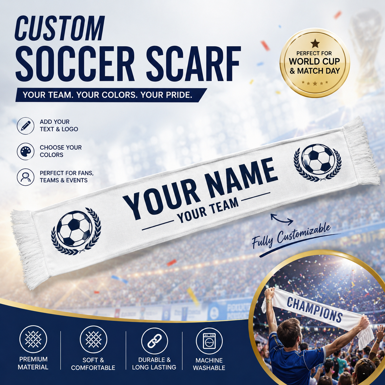 Écharpe de club de football personnalisée, écharpe d'équipe de football personnalisée avec votre logo et votre nom, tricotée double face, jacquard imprimé, écharpe de supporter sportif