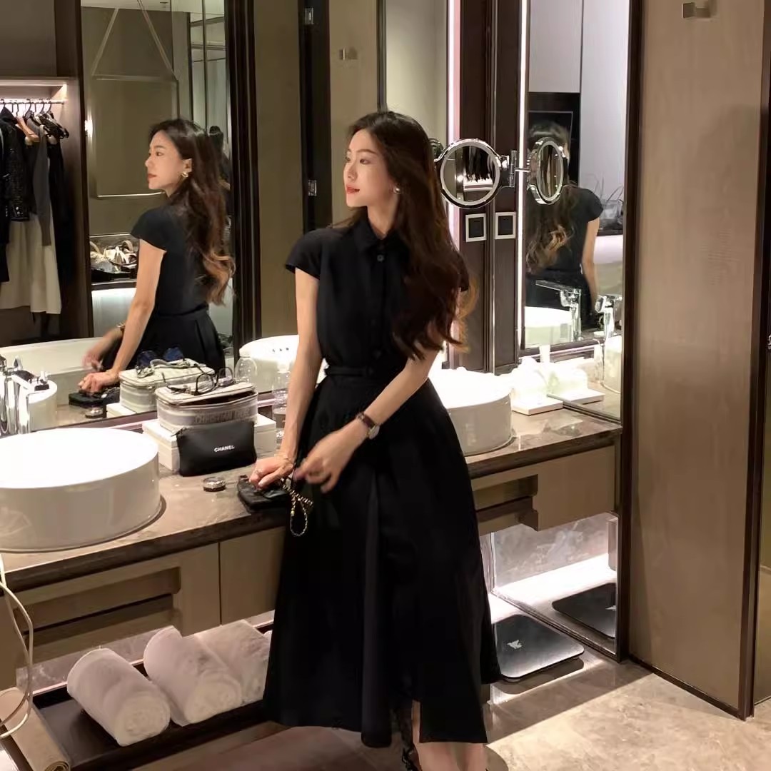 Robe à la mode pour femmes, style français, robe Hepburn pour le bureau, robe parapluie unie à manches courtes, chemise-robe noire à manches courtes